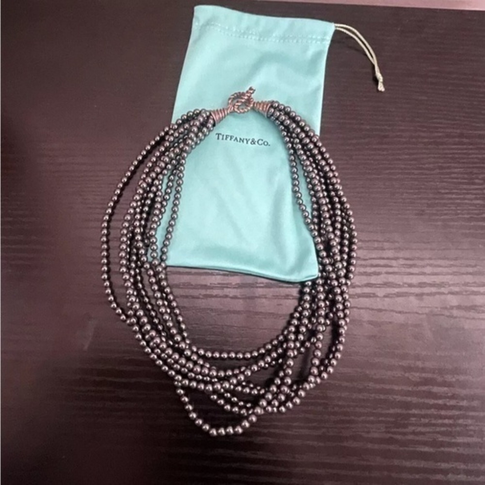 Tiffany & Co Sterling Silver 8 Strand Hematite Bead Torsade Toggle Necklace
